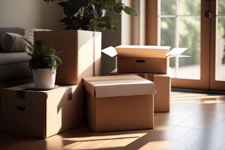 Alt : "Boîtes de carton soigneusement empilées avec des étiquettes, matériel d'emballage et camion de déménagement en arrière-plan illustrant tout ce qu'il faut pour un premier emménagement"