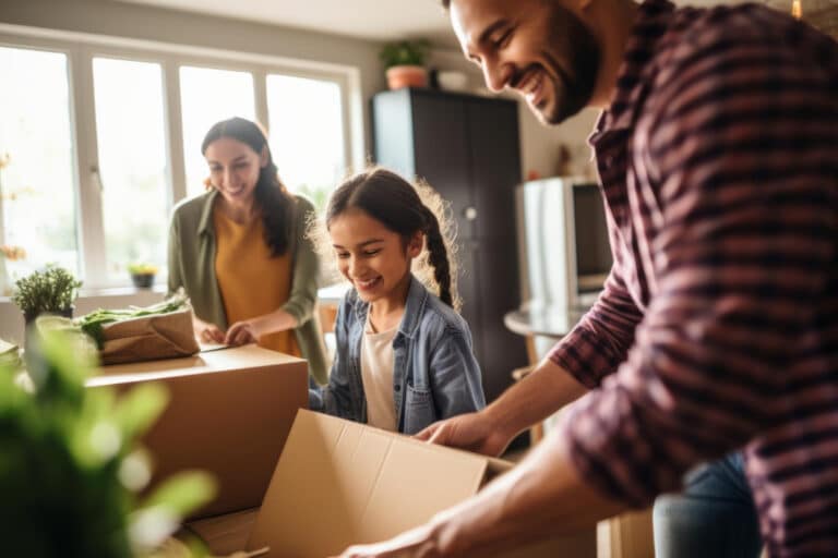Famille heureuse déménageant avec des cartons, concept de déménagement et garde alternée