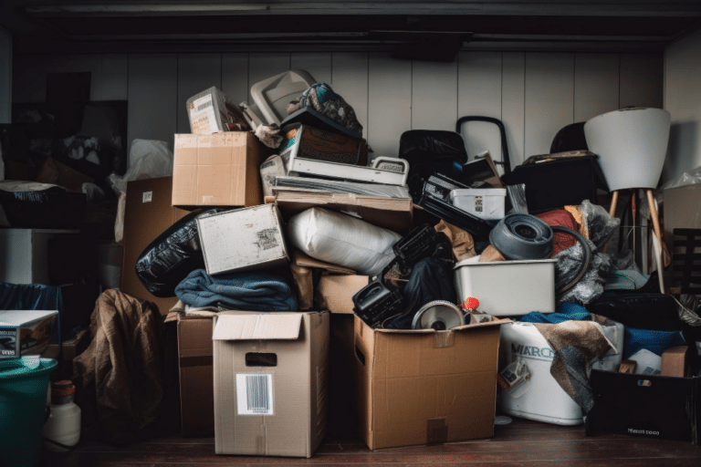 Image montrant un amas d'objets encombrants et de cartons avec le texte "Quel est le tarif pour débarrasser une maison ?" pour inciter les utilisateurs à prendre contact pour un devis personnalisé.