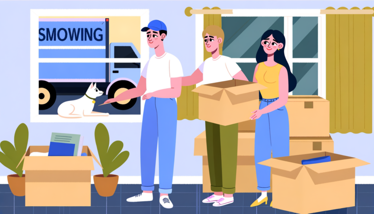 "Couple heureux emballant des cartons ensemble pour déménager afin de suivre le travail du conjoint, illustrant les conseils essentiels pour un transfert harmonieux"