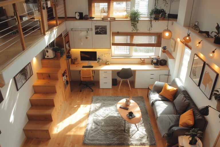 Un coin bureau compact et élégant parfaitement aménagé dans un petit appartement pour maximiser l'espace et la fonctionnalité